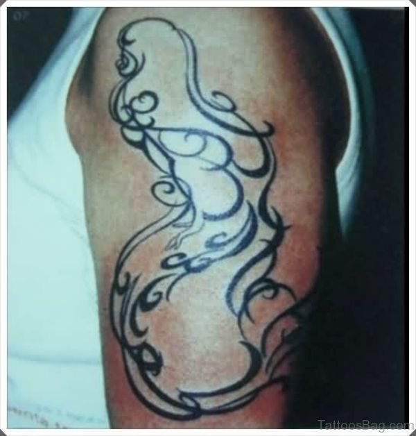 Black Tribal Mermaid Tattoo On Shoulder
