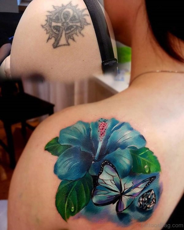 Blue Butterfly And Flower Tattoo