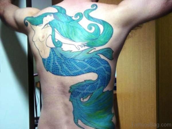 Blue Mermaid Tattoo On Full Back