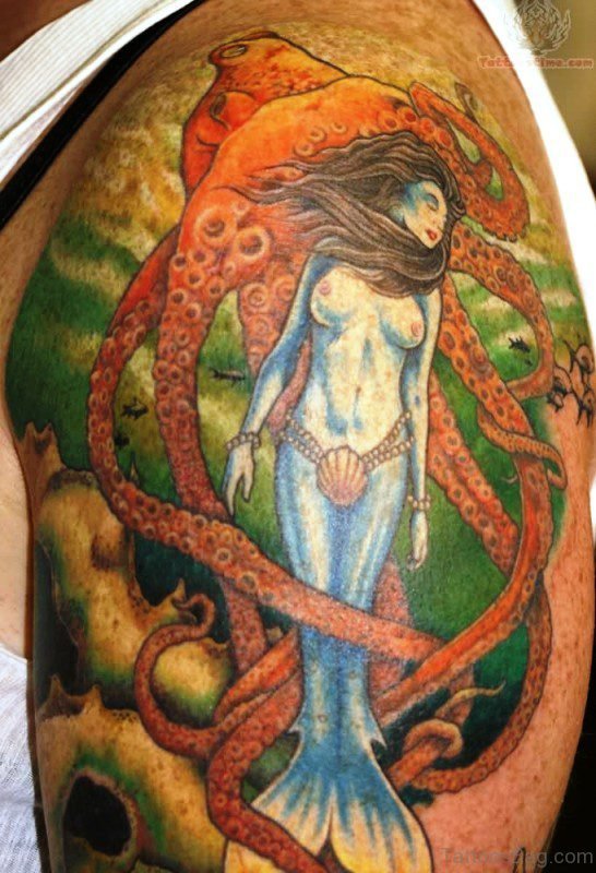 Blue Mermaid Tattoo On Shoulder