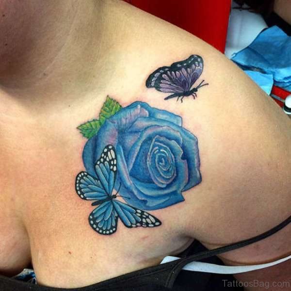 Blue Rose And Butterfly Tattoo On Shoulder