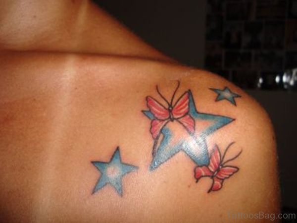 Blue Star And Butterfly Tattoo