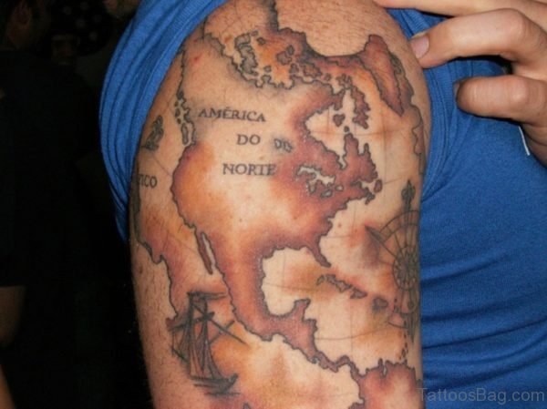 Brown Map Tattoo On Shoulder