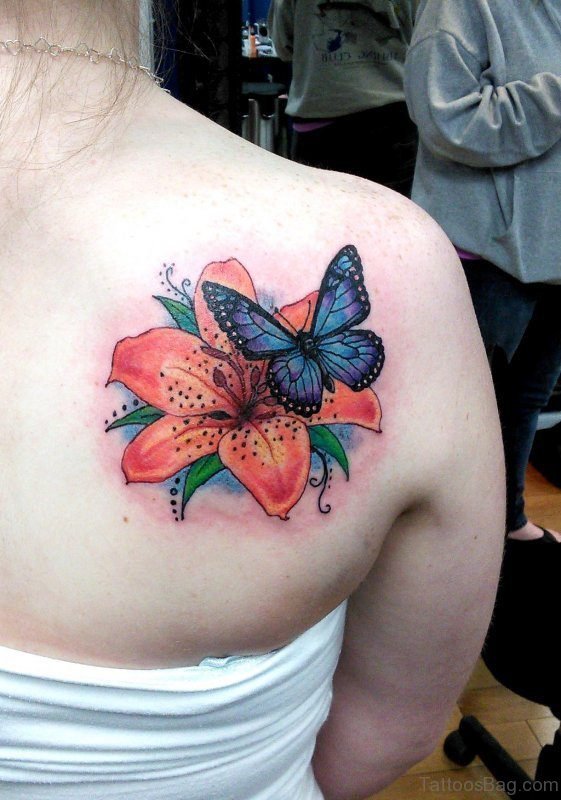 Butterfly And Orange Flower Tattoo On Shoulder
