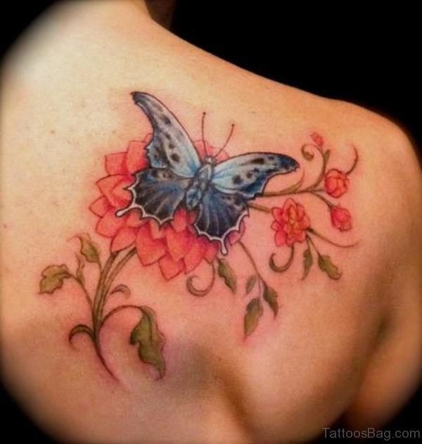 Classy Butterfly And Flower Shoulder Tattoo