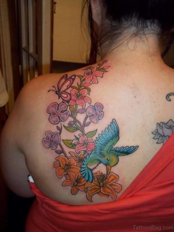 Colorful Flower And Butterfly Shoulder Tattoo