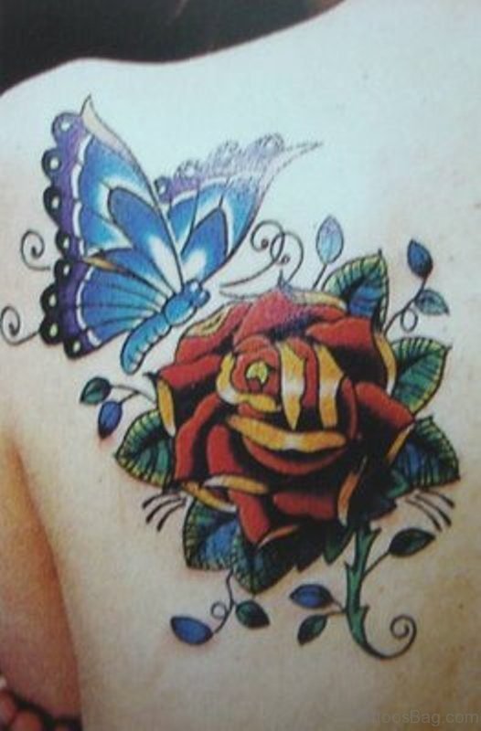Cool Butterfly And Flower Shoulder Tattoo
