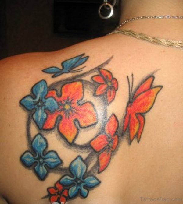 Cute Orange Butterfly And Flower Tattoo On Shoulder