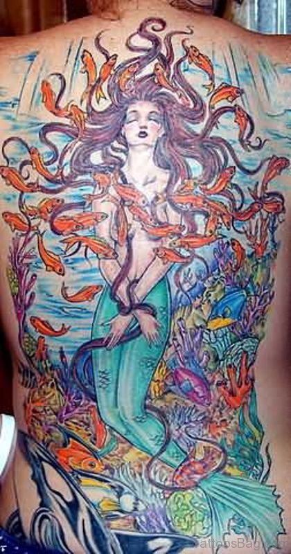Delightful Mermaid Tattoo On Back