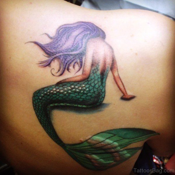 Green Mermaid Tattoo On Back Shoulder