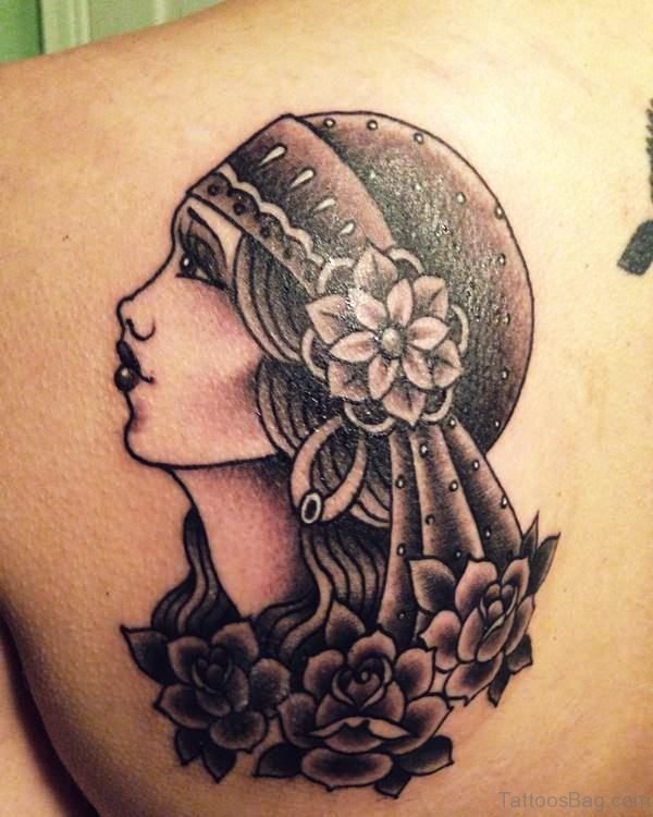 Grey Gypsy With Roses Tattoo