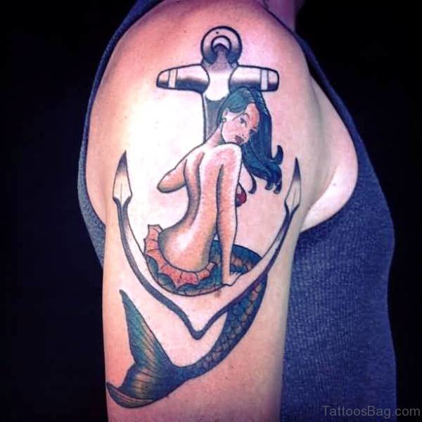 Grey Inked Anchor And Mermaid Tattoo