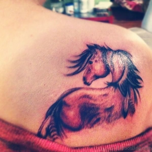Lovely Brown Horse Tattoo On Shoulder