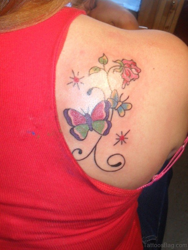 Lovely Butterfly ANd Flower Tattoo on Shoulder