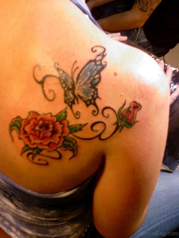 Lovely Butterfly And Flower Shoulder Tattoo