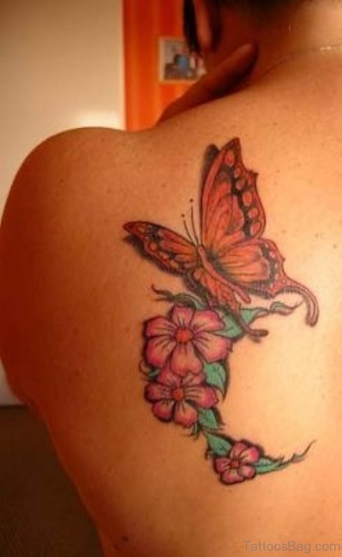 Lovely Butterfly And Flower Tattoo