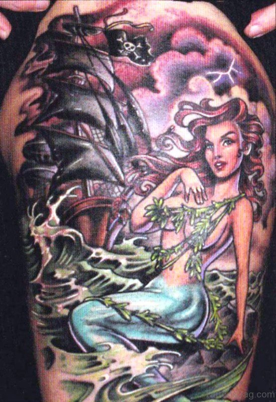 Mermaid And Pirate Ship Tattoo