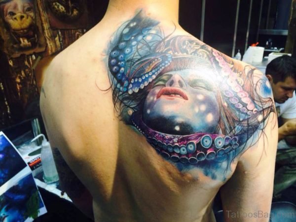 Mermaid Face Tattoo On Back Shoulder