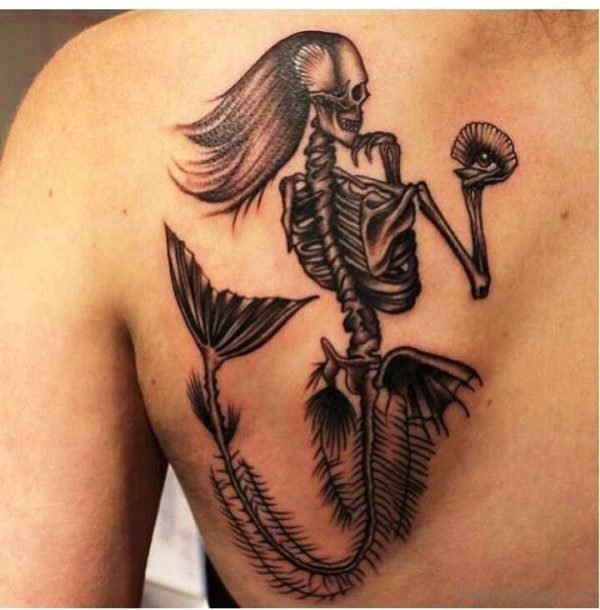 Mermaid Skeleton Tattoo On Back Shoulder