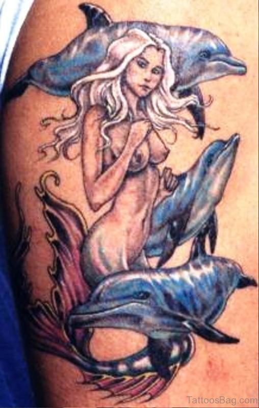 Mermaid With Dolphin Tattoo Design