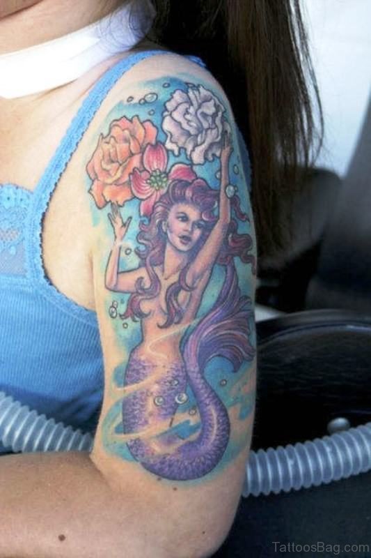 Mermaid With Fowers Tattoo On Shoulder