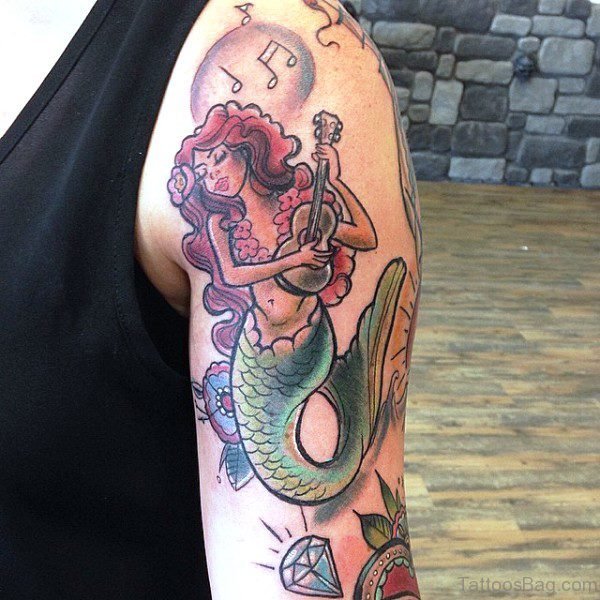 Mermaid With Guitar Tattoo On Shoulder