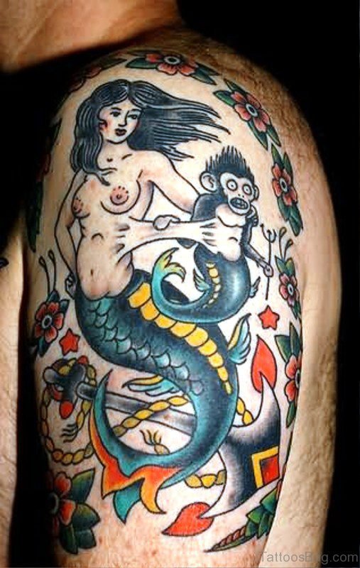 Mermaid With Monkey Tattoo On Shoulder