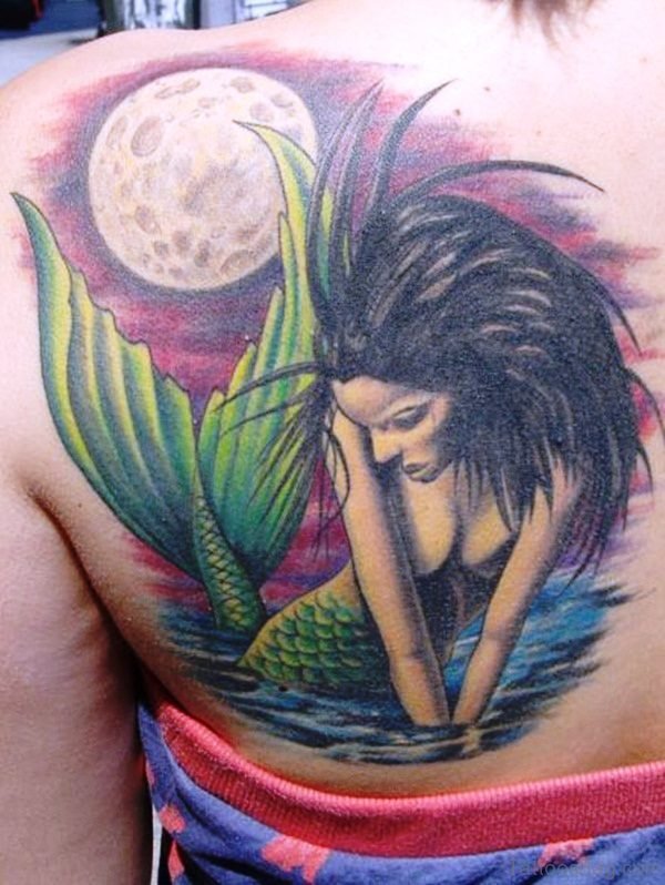 Mermaid With Moon Tattoo On Shoulder