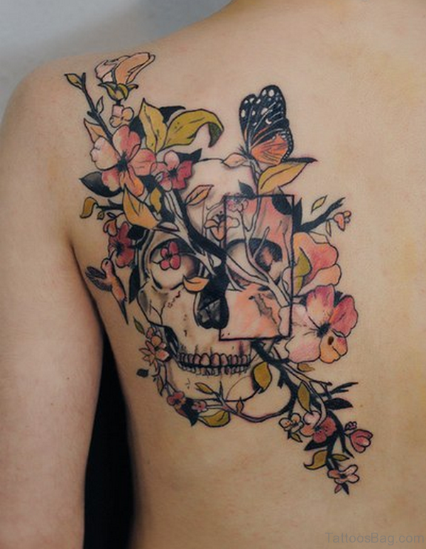 Mind Blowing Butterfly And Flower Tattoo On Shoulder