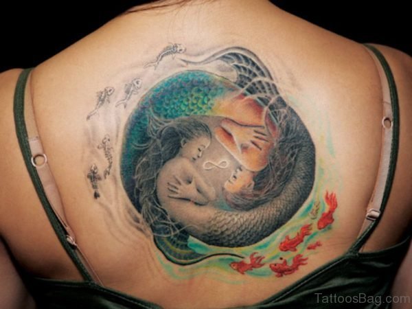 Mind Blowing Two Mermaids Tattoo On Back