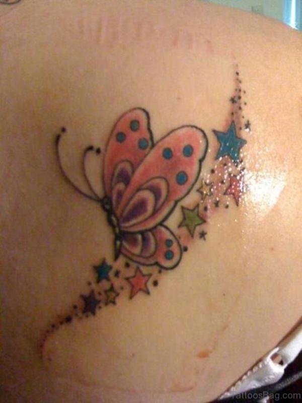 Nice Butterfly And Star Tattoo On Shoulder Back