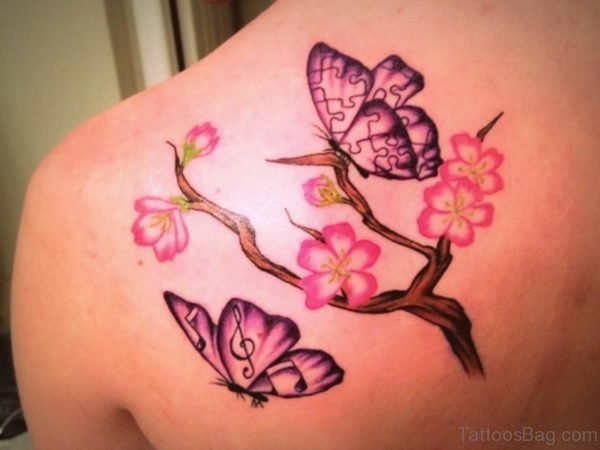 Pink Flower And Butterfly Tattoo