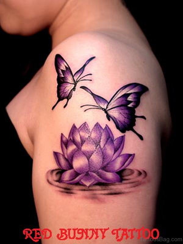 Purple Butterfly And Flower Tattoo On Shoulder