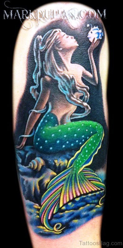 Realistic Mermaid Tattoo On Shoulder