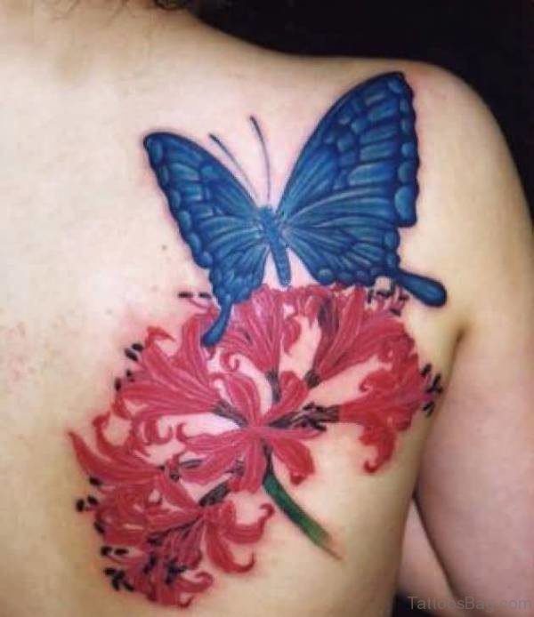 Red Flower And Butterfly Shoulder Tattoo 1