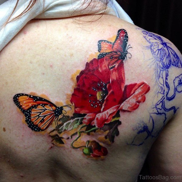 Red Flower And Butterfly Shoulder Tattoo