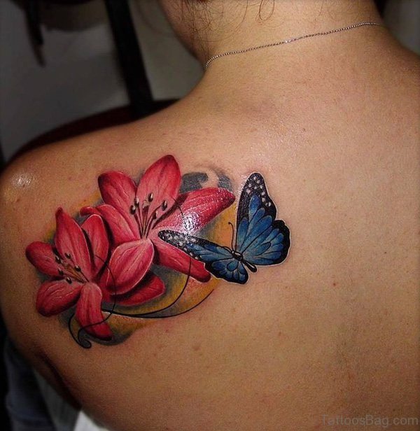 Red Flower And Butterfly Tattoo