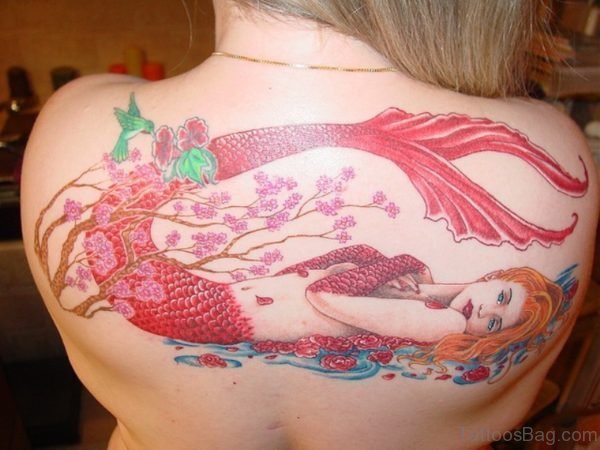 Red Mermaid Tattoo On Back