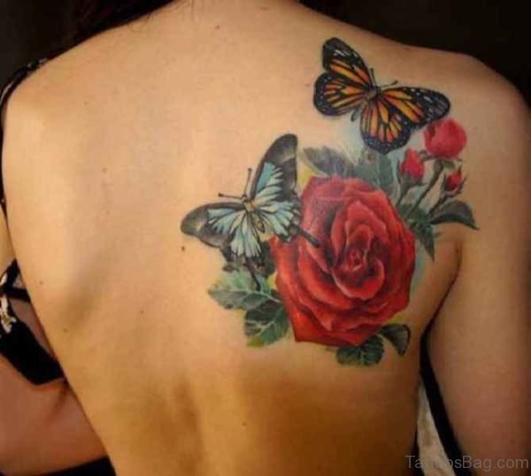 Red Rose And Butterfly Shoulder Tattoo