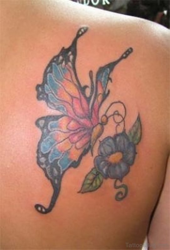 Simple Blue Butterfly And Flower Tattoo