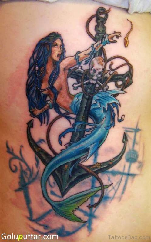 Skull Anchor And Mermaid Tattoo Design