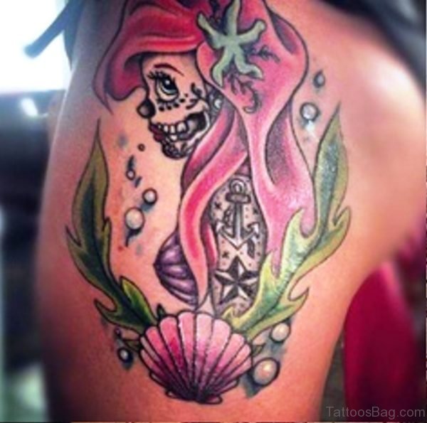 Skull Mermaid Tattoo On Shoulder
