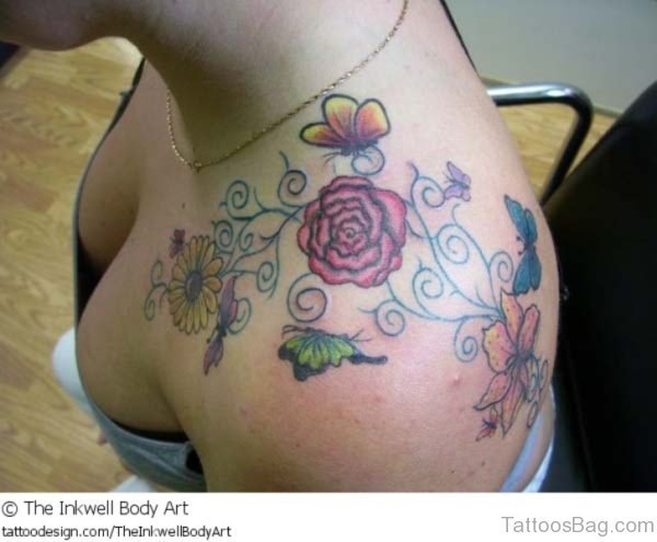 Sweet Butterfly And Colored Flower Tattoo on Shoulder