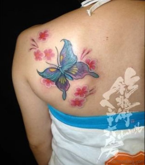 Sweet Butterfly And Flower Shoulder Tattoo