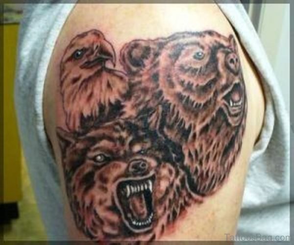 Three Brown Bear Tattoo On Shoulder