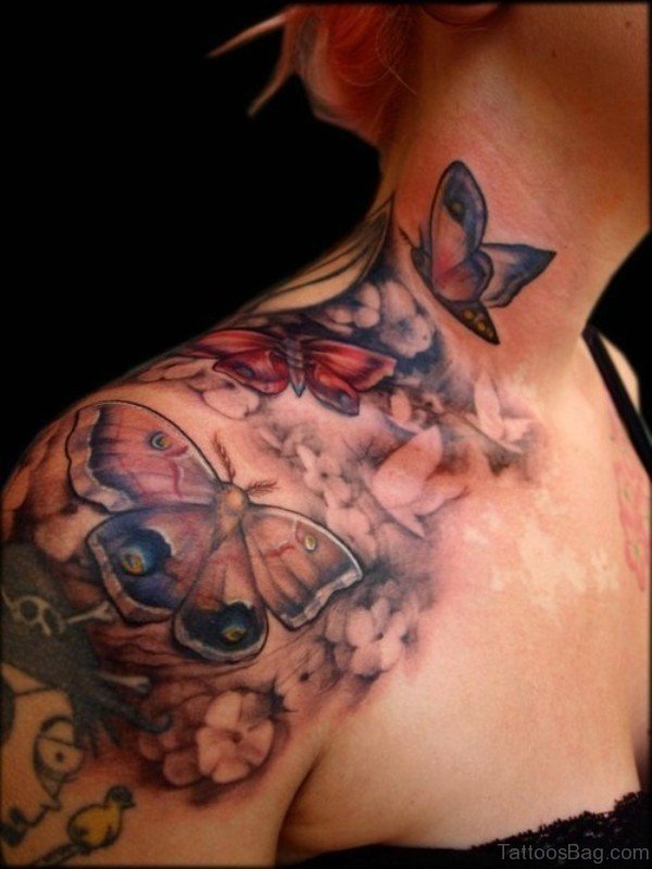 Trendy Butterfly And Flower Tattoo