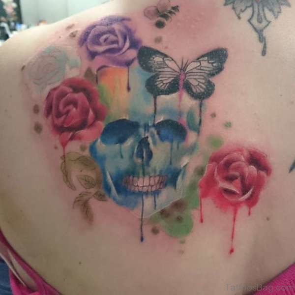 Watercolor Flower And Butterfly Tattoo On Shoulder