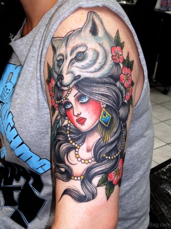 Wolf Head Gypsy Tattoo On Shoulder