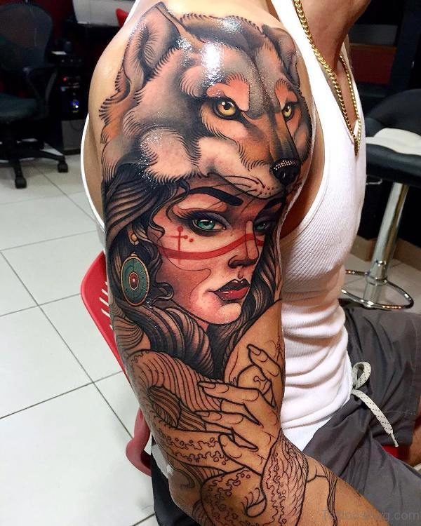 Wolf With Gypsy Tattoo On Shoulder