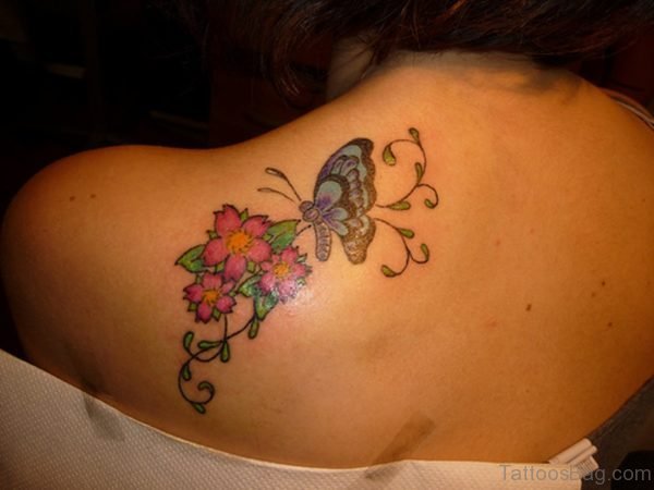 Wonderful Butterfly And Flower Tattoo On Shoulder